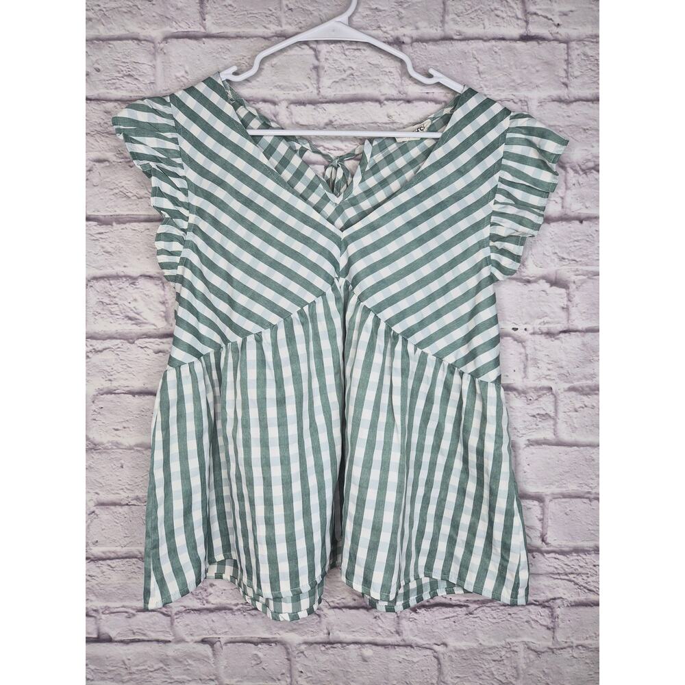 &merci Gingham Peplum Blouse Size L Green White Ruffle Cap Sleeve Tie Back Top